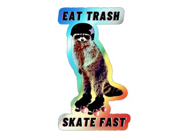 Holographic Roller Derby Sticker | Raccoon | Trash Panda | Eat Trash Skate Fast | Cute | Funny | Shiny | Glitter | Holo | Vinyl | Helmet