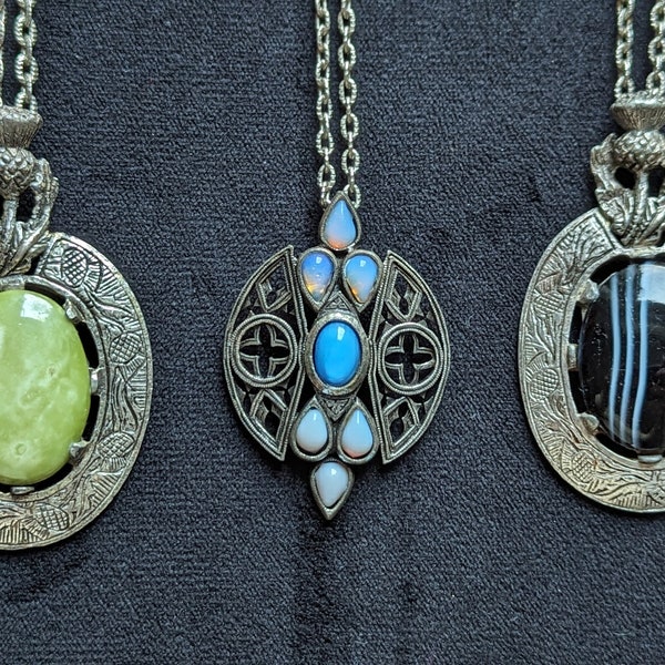 Vintage Miracle pendant necklaces, opal, marble and agate glass Celtic designs