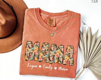 Custom Mama Shirt with Kid Name, Personalized Mom Tshirt, Floral Mommy Custom Gift for Mother, Custom Kid Name Shirt, Mother's Day, Mama Tee