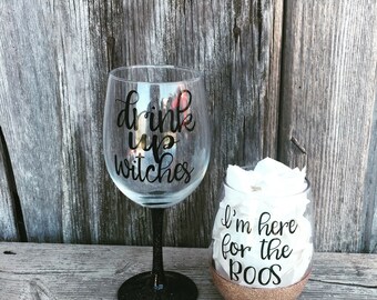 I'm here for the boos wine glass, Halloween wine glass, glittered dipped wine glass, cute wine glass, birthday gift, funny wine glasses