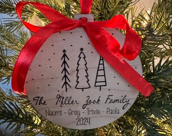 Personalized family ornament, round wood ornament, custom family engraved wood ornament,   family name wood ornament