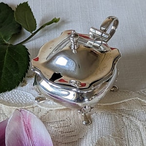 May include: A silver sugar bowl with a hinged lid and a decorative handle. The bowl is sitting on a white lace tablecloth with a pink flower petal.