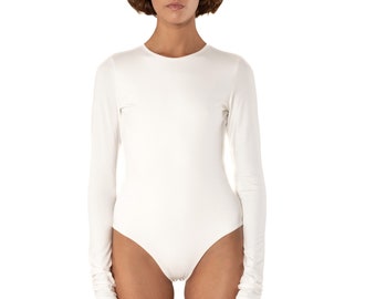 Long Sleeve Bodysuit For Women, Lingerie Bodysuit With Crew Neck In White