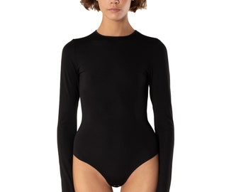 Long Sleeve Bodysuit For Women, Lingerie Bodysuit With Crew Neck In Black