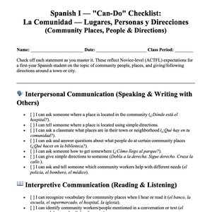 May include: A black and white educational worksheet titled Spanish I Can-Do Checklist: La Comunidad. The document includes sections for Interpersonal Communication and Interpretive Communication with checkboxes for students to track learning progress.