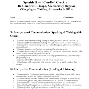 May include: A black and white educational document titled Spanish II Can-Do Checklist: De Compras - Ropa, Accesorios y Regalos. The page includes sections for Interpersonal Communication and Interpretive Communication with checkboxes for student learning goals.