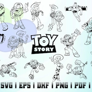 Peut inclure: Illustrations en noir et blanc de personnages du film Toy Story. Les personnages incluent Woody, Buzz l'Éclair, Jessie et d'autres. Le texte "TOY STORY" est également inclus dans l'image.