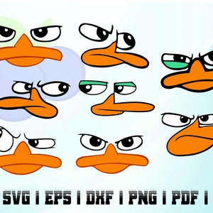 May include: A set of eight cartoon duck bill and eye expressions in various colours, including orange, green, and black. The expressions range from angry to surprised.