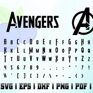 May include: Black "Avengers" logo and font set with the Avengers "A" symbol. Includes a full alphabet, numbers, and symbols. File formats include AI, SVG, EPS, DXF, PNG, PDF, and JPG.