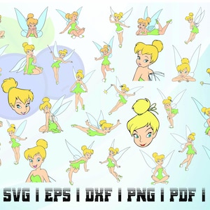 May include: A set of 25 digital clipart images featuring Tinkerbell, a fairy with green wings and a yellow dress, in various poses. The images are in a cartoon style and are perfect for crafting projects.