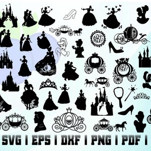 May include: A collection of black and white silhouette images of Cinderella, a carriage, a castle, a crown, a wand, a mirror, and a shoe. The text "Cinderella" is included in the image.