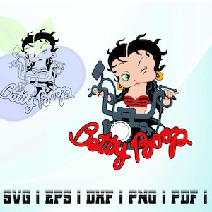May include: Betty Boop riding a motorcycle with a red and white striped top and black leather jacket. The motorcycle is black and has a white headlight. The background is a light blue gradient.