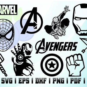 May include: Black and white vector illustrations of Marvel characters and logos, including Spider-Man, Iron Man, Captain America, Thor, and the Avengers logo. The text "MARVEL" and "AVENGERS" are also included.