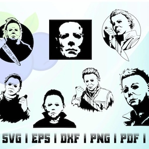May include: A set of eight black and white vector illustrations of Michael Myers, the fictional character from the Halloween horror film franchise. The illustrations feature different poses and angles of Michael Myers, including a close-up of his face, a full-body shot, and a shot of him holding a knife. The text "NO LIVES MATTER" is included in one of the illustrations.