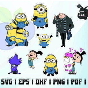 Puede incluir: Un conjunto de imágenes de clipart digital con personajes de la franquicia Despicable Me. Las imágenes incluyen un grupo de tres Minions amarillos, un solo Minion, Gru, un Minion morado, un monstruo negro, una niña con un unicornio y una niña con una coleta.