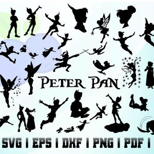 Könnte beinhalten: Schwarz-weiße Silhouetten-Ausschnitte von Peter Pan und Tinkerbell-Charakteren. Das Bild enthält den Text "PETER PAN" und "AI I SVG I EPS I DXF I PNG I PDF I JPG".