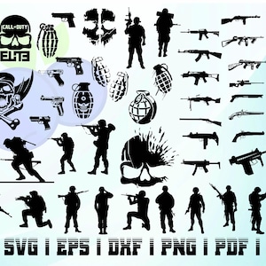 May include: Black and white vector graphics featuring military-themed silhouettes. Includes soldiers, various firearms, grenades, and skull designs with the text "CALL OF DUTY ELITE". File formats: AI, SVG, EPS, DXF, PNG, PDF, JPG.