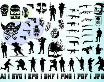 May include: Black and white vector graphics featuring military-themed silhouettes. Includes soldiers, various firearms, grenades, and skull designs with the text "CALL OF DUTY ELITE". File formats: AI, SVG, EPS, DXF, PNG, PDF, JPG.