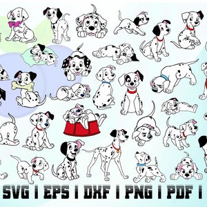 May include: A set of 30 black and white Dalmatian dog illustrations. The dogs are in various poses, including sitting, standing, lying down, and running. Some of the dogs are wearing red bandanas.
