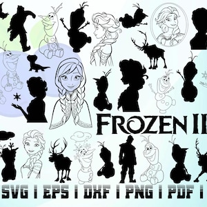 May include: A set of 20 black and white silhouette SVG cut files featuring characters from the movie Frozen II. The characters include Elsa, Anna, Olaf, Kristoff, Sven, and others. The text "FROZEN II" is also included in the set.