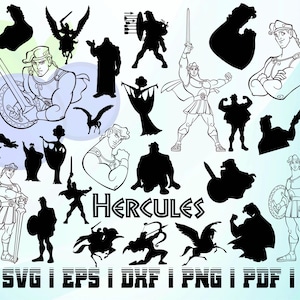 Könnte beinhalten: Schwarz-weiße Silhouettenbilder von Herkules, einem griechischen mythologischen Helden, in verschiedenen Posen. Die Bilder zeigen Herkules, wie er ein Schwert hält, Gewichte hebt und gegen ein Monster kämpft. Der Text "HERCULES" ist in Fettdruck unter den Bildern geschrieben.