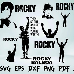 Puede incluir: Gráficos vectoriales en blanco y negro con imágenes de Rocky Balboa, la palabra "ROCKY" y la frase "THEN GO OUT AND GET WHAT YOU'RE WORTH!". Los formatos de archivo incluyen AI, SVG, EPS, DXF, PNG, PDF y JPG.