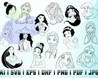 all 13 princesses! + 2 more silhouette svg vector outline instant download