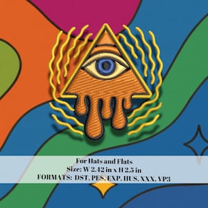 May include: Embroidered patch featuring an orange triangle with an eye, surrounded by yellow wavy lines. The patch is designed for hats and flats, measuring 2.42 inches wide and 2.5 inches high.