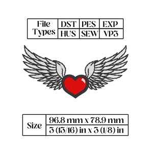 May include: Embroidered design of a red heart with white wings. The design is approximately 3 13/16 inches by 3 1/8 inches. File types include DST, PES, EXP, HUS, SEW, and VP3.
