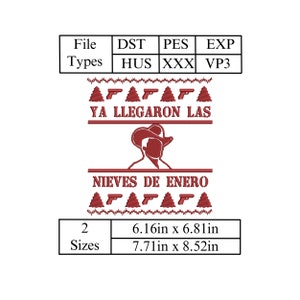 Peut inclure: Un fond blanc avec un motif rouge comprenant du texte et des graphiques. Le texte comprend "YA LLEGARON LAS" et "NIEVES DE ENERO". Le motif comprend également un chapeau de cowboy et des sapins. Les tailles sont de 15,6 cm x 17,3 cm et 19,6 cm x 21,6 cm.