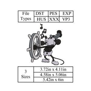 Classic mickey mouse, steamboat willie embroidery design files