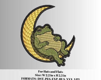 Chubby Frog on Moon Embroidery Design for Hats (Digital Download)