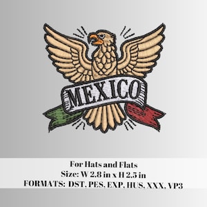 Mexican Banner Eagle embroidery design, made for hats and flats.