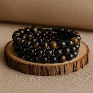 Triple Protection Crystal Bracelet – Tiger’s Eye, Hematite, Obsidian – 3 Layer Handmade Adjustable Bracelet for Grounding & Strength