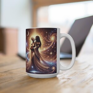 Puede incluir: Taza de cerámica blanca con una imagen colorida de una pareja abrazándose sobre un fondo de galaxia. La pareja está formada por un hombre de piel oscura y una mujer de piel clara.
