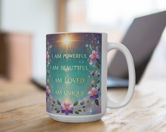 Taza con afirmaciones de empoderamiento, inspiración diaria edificante, 15 oz