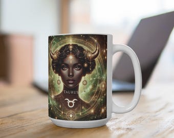 Taza de café de cerámica con la fuerza cósmica de Tauro que celebra la gracia y la resiliencia, 15 oz