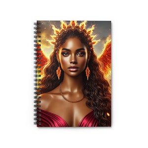 May include: A woman with long, dark brown hair and a crown of fire. She is wearing a red dress and a gold necklace. The background is a fiery orange.