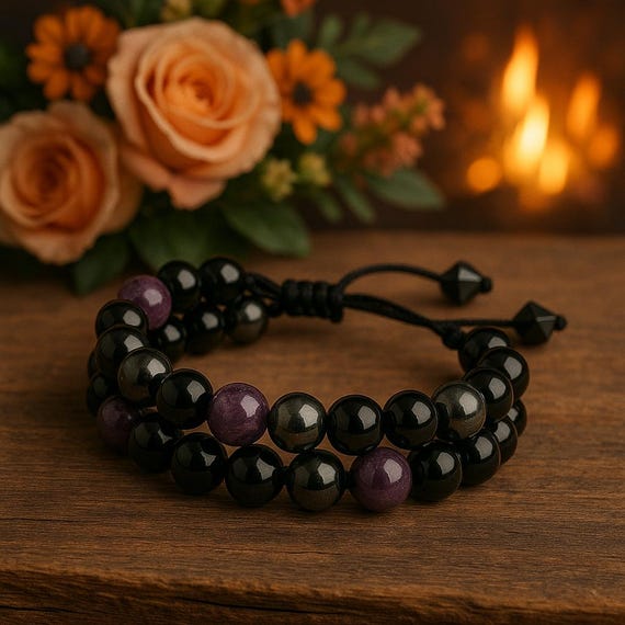 Amethyst Hematite Obsidian Bracelet – Double Layer Protection & Healing Jewelry