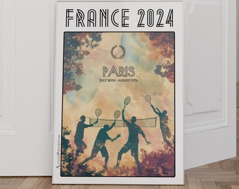 Tennisposter Parijs, Frankrijk 2024 - Volleys en kleuren op een zomerbaan met Parijse landschappen op de achtergrond - Souvenir zomer 2024