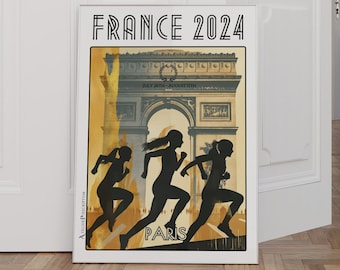 Atletiekposter Parijs Frankrijk 2024 - Poster over sportiviteit - Hardloopwedstrijden voor vrouwen