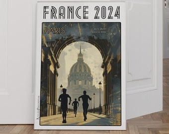 Hardloopaffiche Parijs, Frankrijk 2024 - Poster van een sportwedstrijd onder de arcades van Parijs