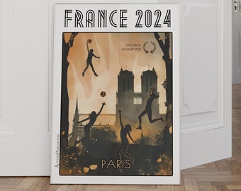 Volleybalposter voor dames Parijs Frankrijk 2024 - Sportcompetitieposter voor de Notre Dame-kathedraal, die de geest van de sport uitstraalt.