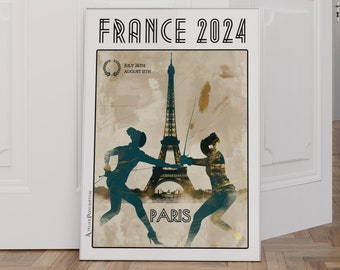 Affiche Escrime Féminine Paris France 2024 - Poster de Compétition Sportive Illustrant l'Esprit des Jeux, devant la Tour Eiffel