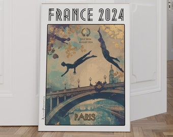 Paris France 2024 Women's Swimming Poster - Sporting Competition Art Illustrating the Spirit of the Games, on the Seine