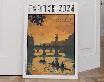 Ruderplakat Paris Frankreich 2024 – Athleten auf der Seine – Sportwettkampfplakat, das den Geist der Spiele veranschaulicht
