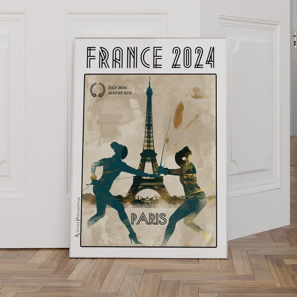 Affiche Escrime Féminine Paris France 2024 - Poster de Compétition Sportive Illustrant l'Esprit des Jeux, devant la Tour Eiffel