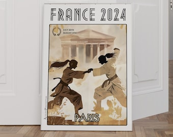 Poster voor het damesjudotoernooi in Parijs, Frankrijk 2024 - Een poster voor een sportwedstrijd die de geest van de Spelen uitstraalt, met het Pantheon op de achtergrond.