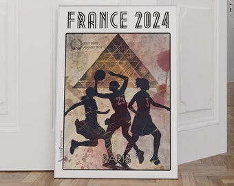 Affiche Basket Ball Féminin Paris France 2024 - Poster de Compétition Sportive Illustrant l'Esprit des Jeux, devant le Musée du Louvre