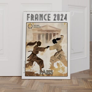 Cartel de judo femenino París Francia 2024 - Cartel de competición deportiva que ilustra el espíritu de los Juegos, frente al Panteón